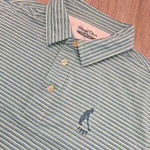 Straight Down Mens Golf Polo Shirt Large Blue Green Striped Performance 1921 L